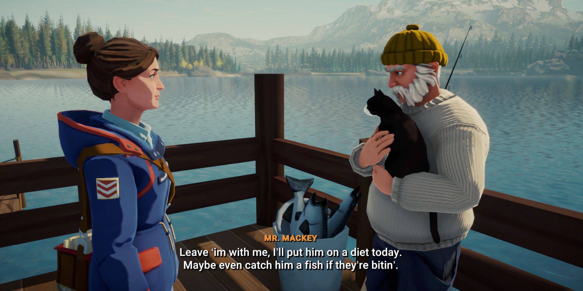 Meredith Weiss talking to Mr. Mackey holding a cat on the pier in front of the lake in Lake