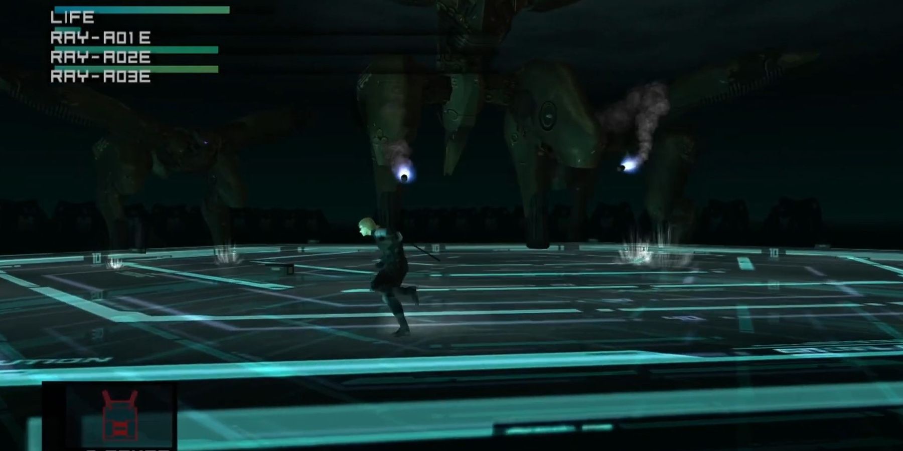 Metal Gear Ray's missiles about to strike Raiden in Metal Gear Solid 2.