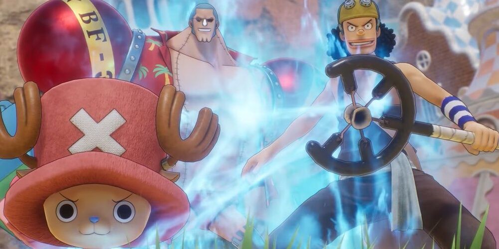 Usopp, Franky, and Chopper performing a bond art in One Piece Odyssey the game