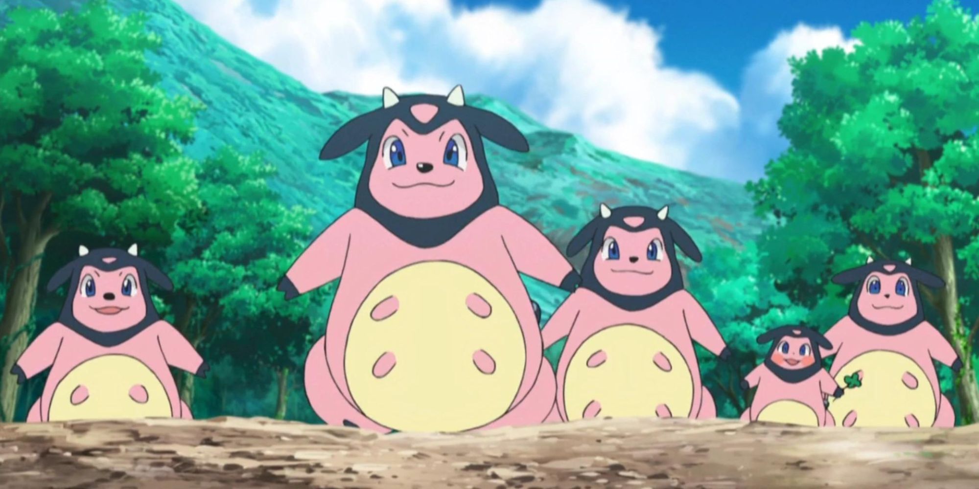 A group of Miltank walk down a dirt path together