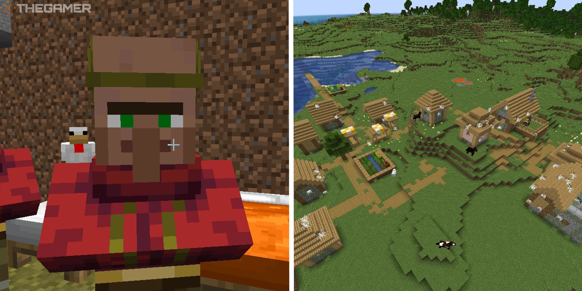 split image showing minecraft villager and village from above