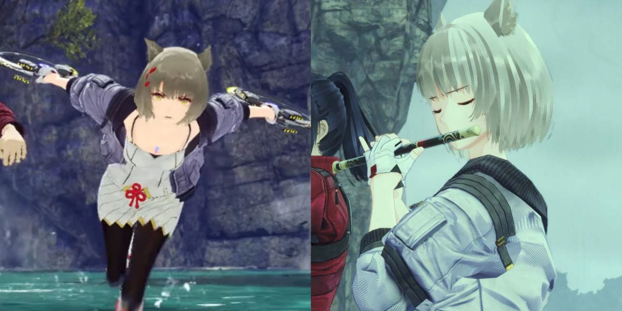 Split image screenshots of Mio running and playing the flute wearing the Zephyr outfit in Xenoblade Chronicles 3.