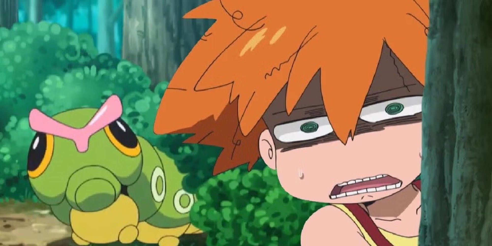 Misty afraid of Caterpie, making a terrified face in a forest