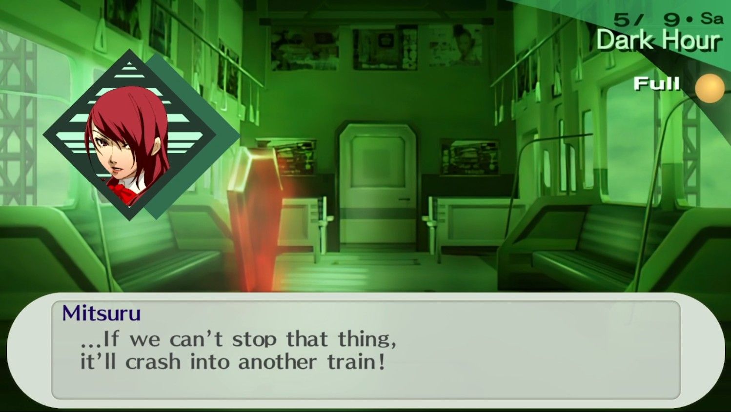 mitsuru warning the sees team to stop the monorail so it doesn't crash in persona 3 portable