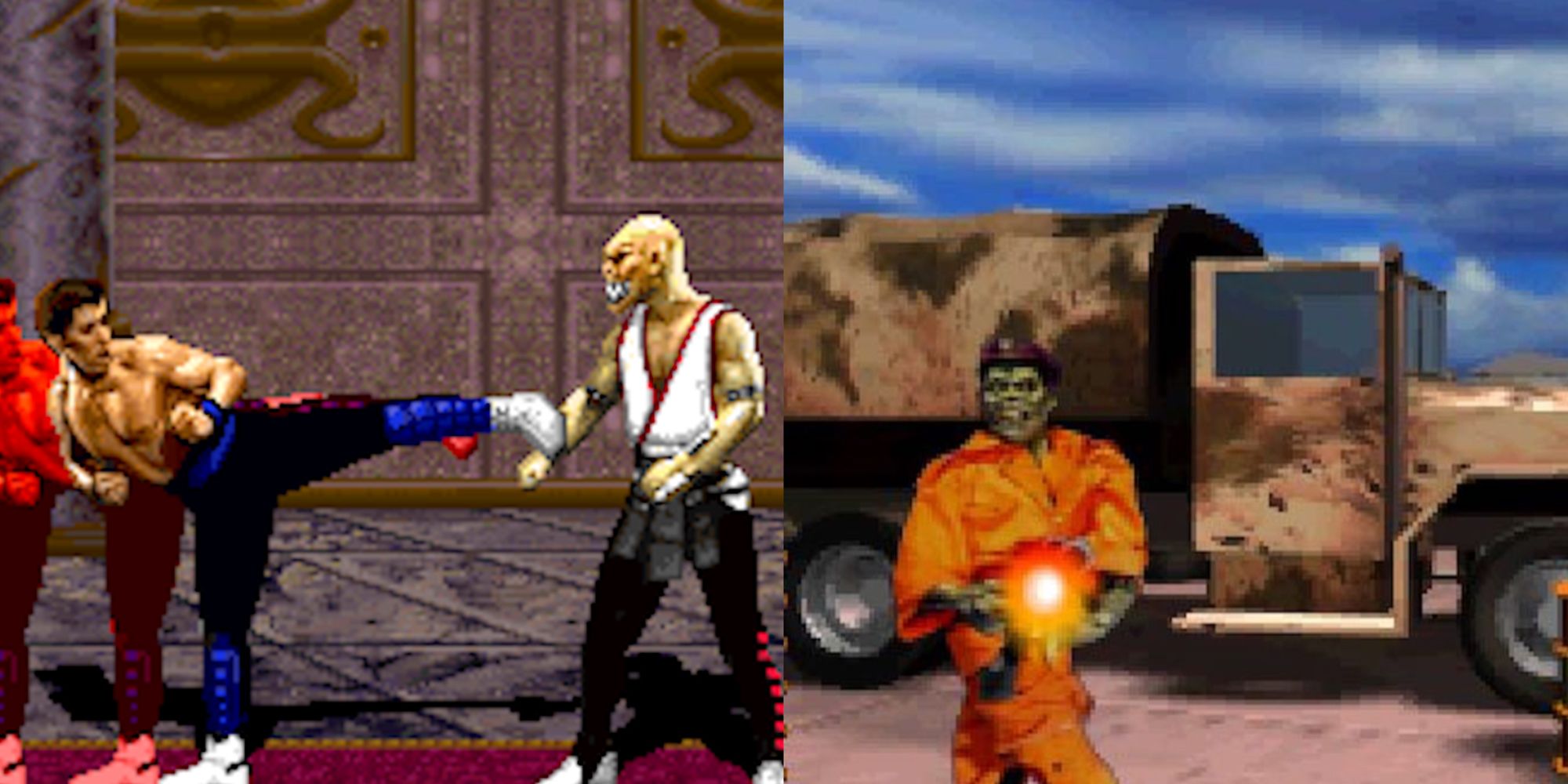 split image of mortal kombat characters fighting next to an enemy in Area 51 of an enemy attacking