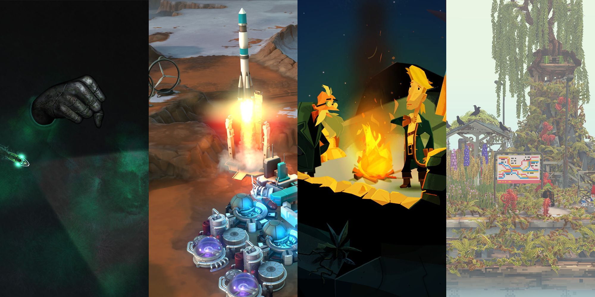 Split image screenshots from Sunless Sea, Offworld Trading Company Monkey Island, and Cloud Gardens.