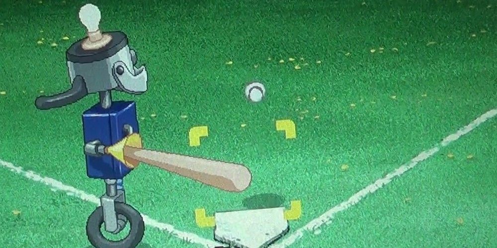 Mr. Clanky swings and hits the ball in Backyard Baseball 