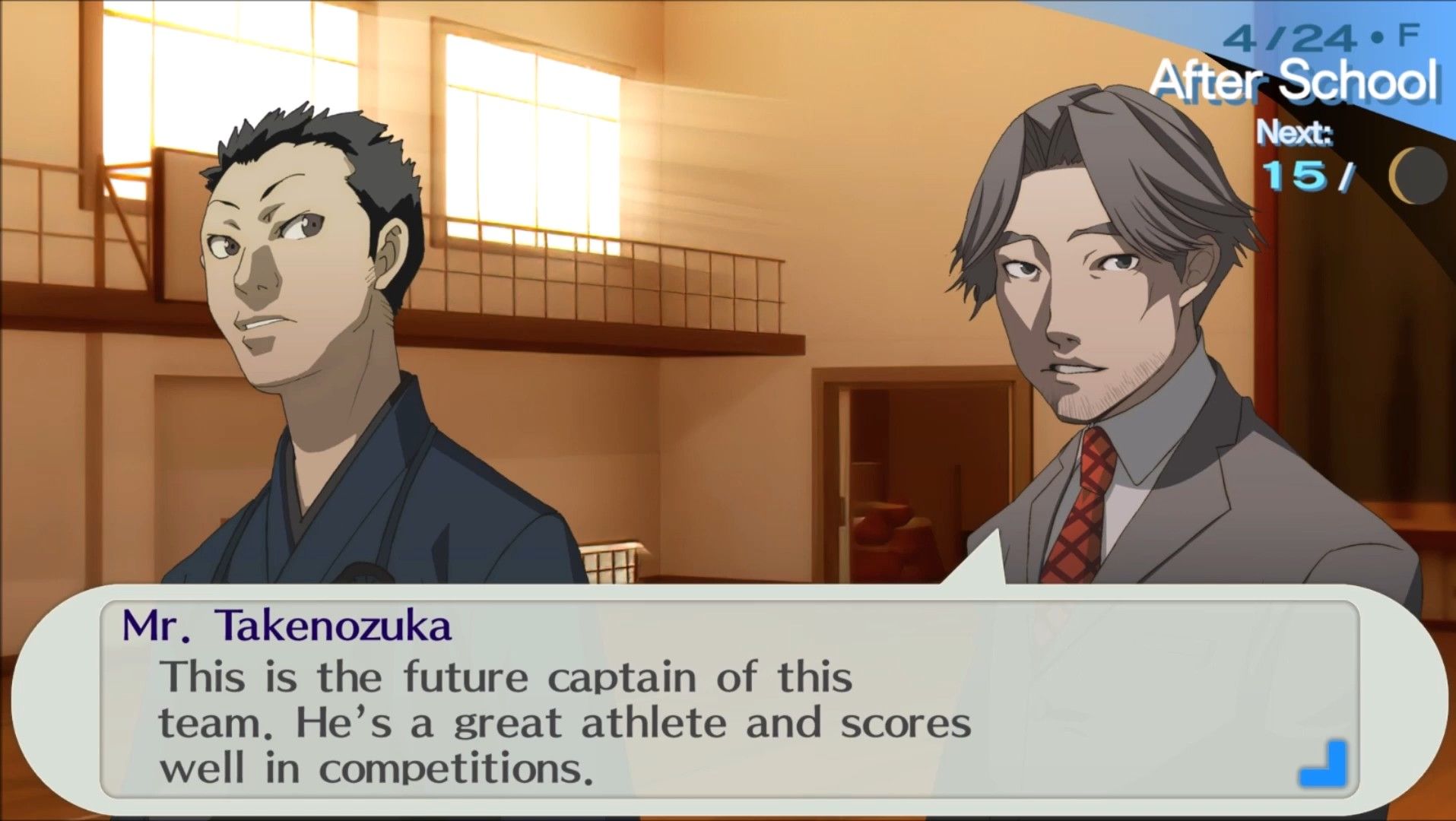 mr. takenozuka introducing kazushi to the male protagonist at kendo practice in persona 3 portable