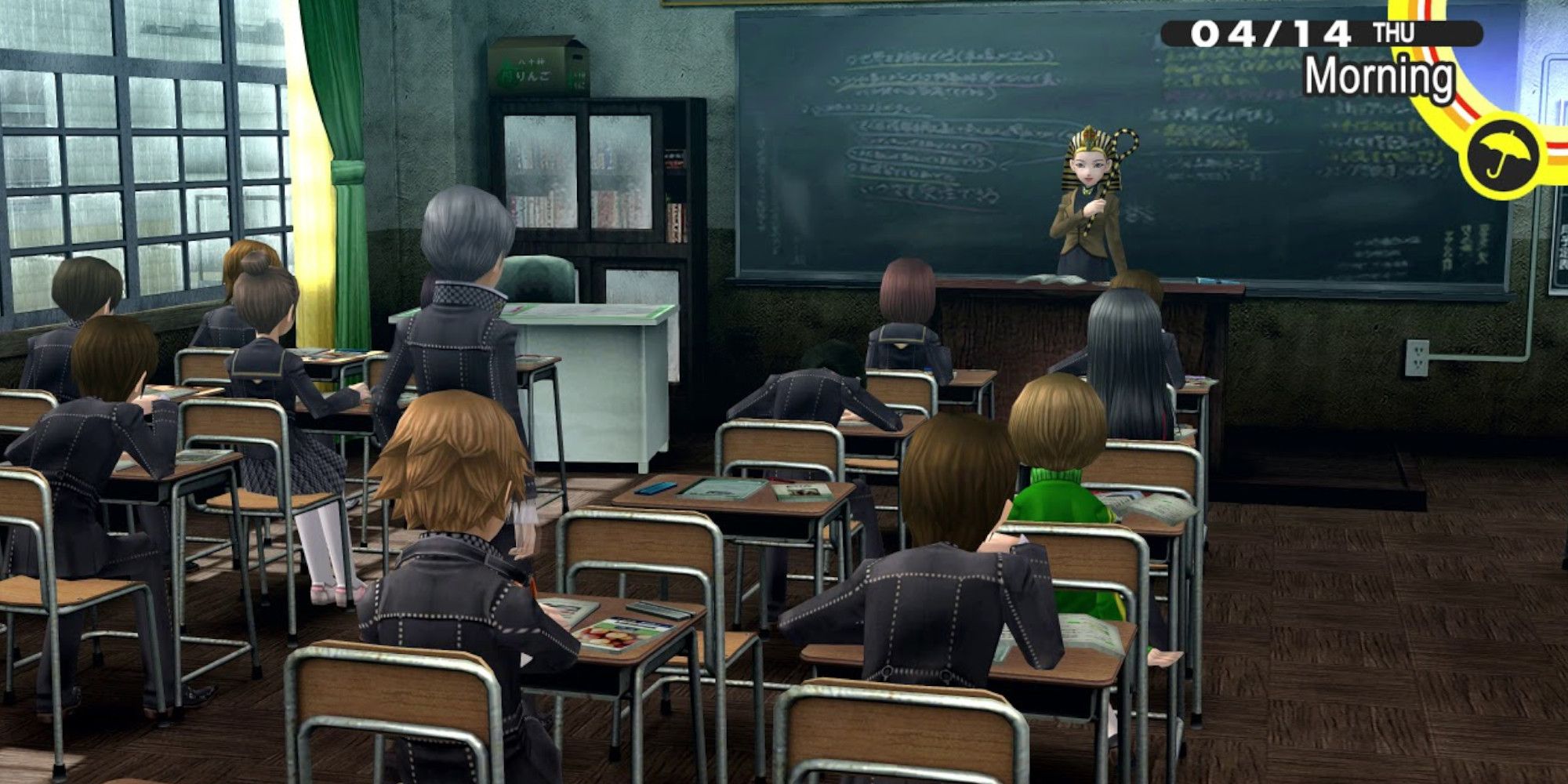 Yu Narukami answering questions in class during Persona 4 Golden