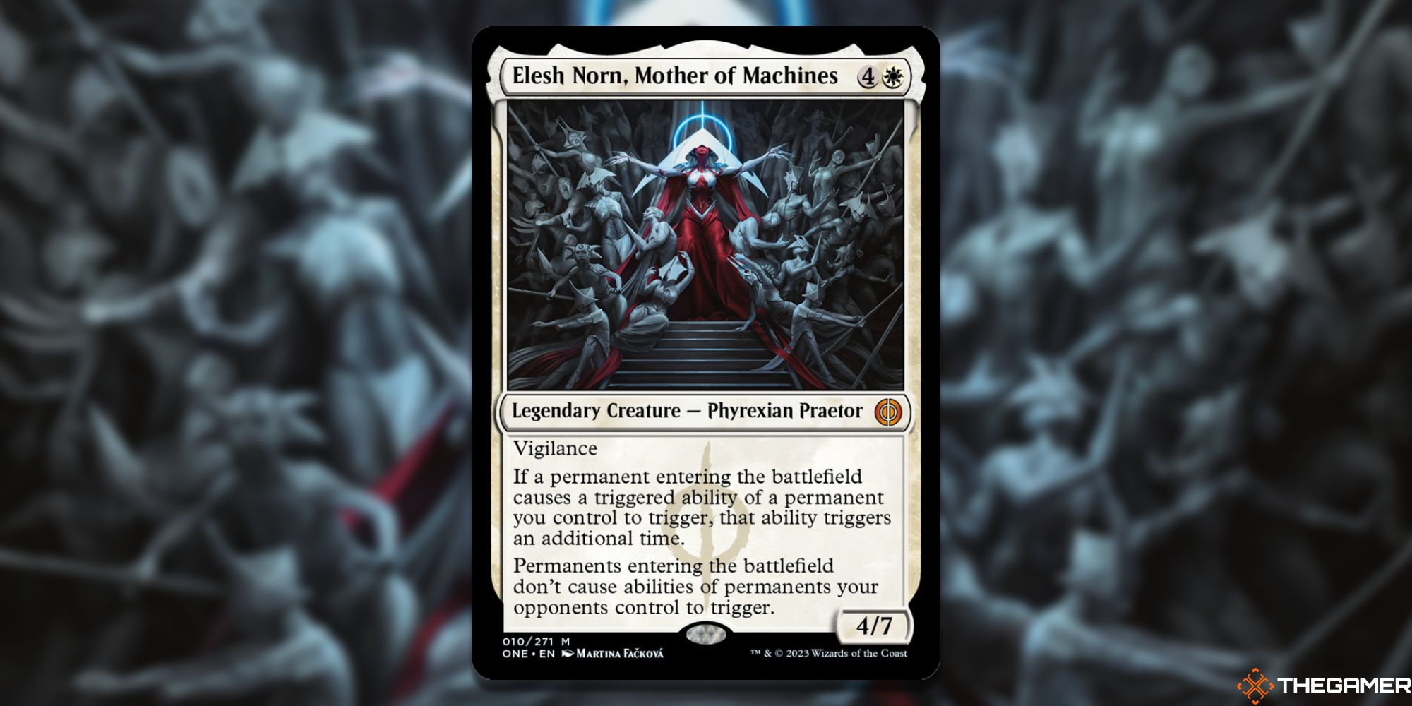 Image of the Elesh Norn Mother of Machines card in Magic: The Gathering, with art by Martina Fackova