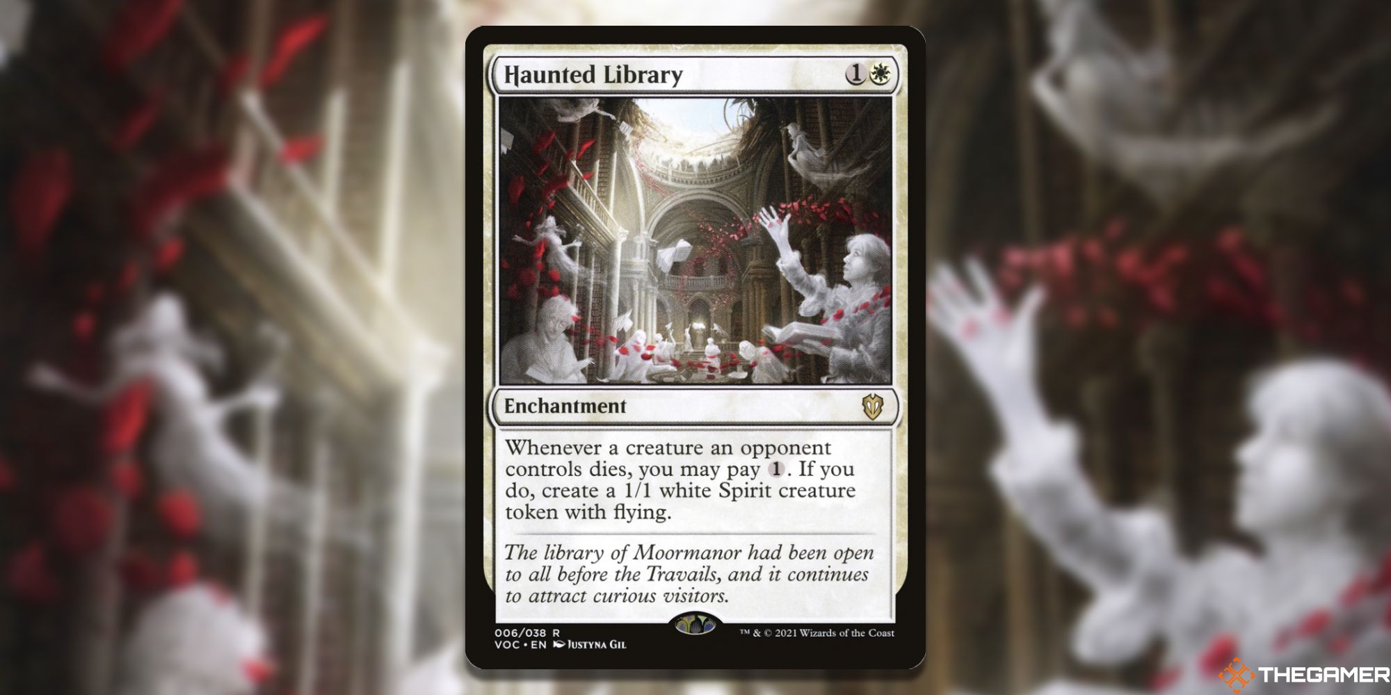 Image of the Haunted Library card in Magic: The Gathering, with art by Justyna Gil