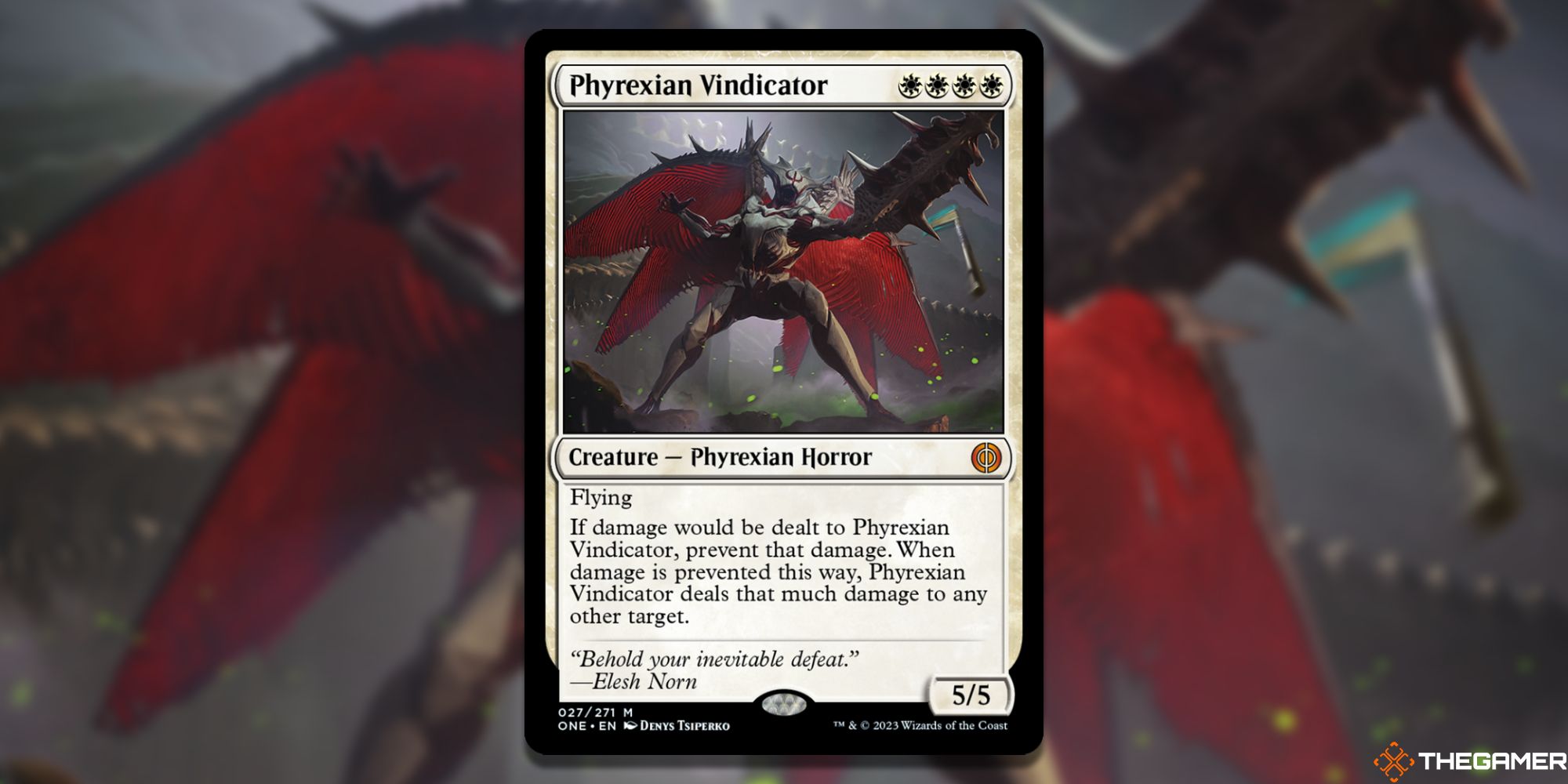Image of the Phyrexian Vindicator card in Magic: The Gathering, with art by Denys Tsiperko