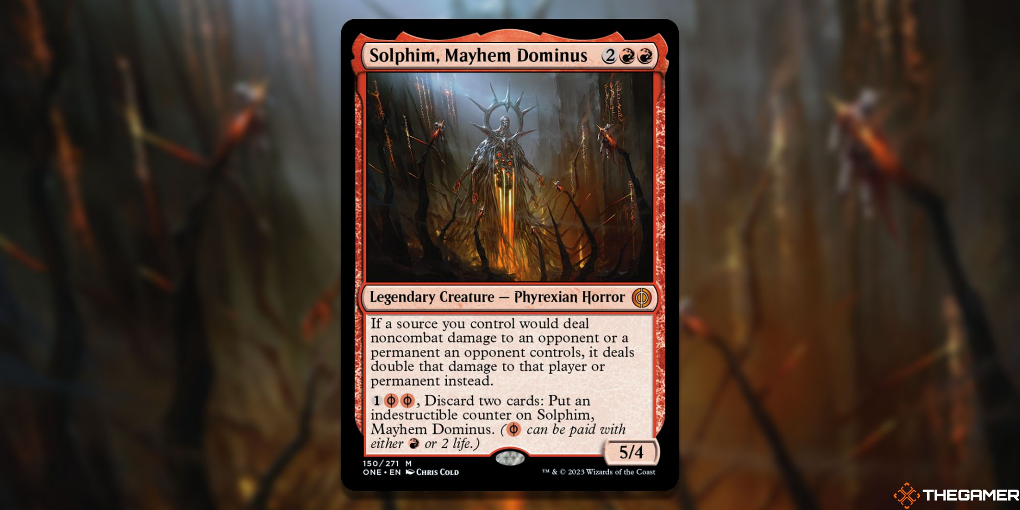 Image of the Solphim Mayhem Dominus card in Magic: The Gathering, with art by Chris Cold