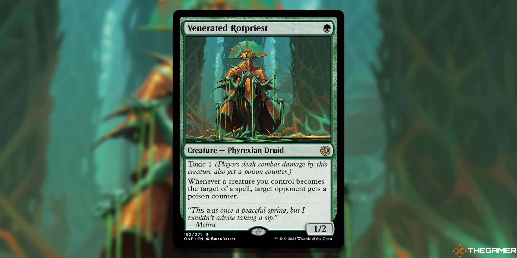 Image of the Venerated Rotpriest card in Magic: The Gathering, with art by Brian Valeza