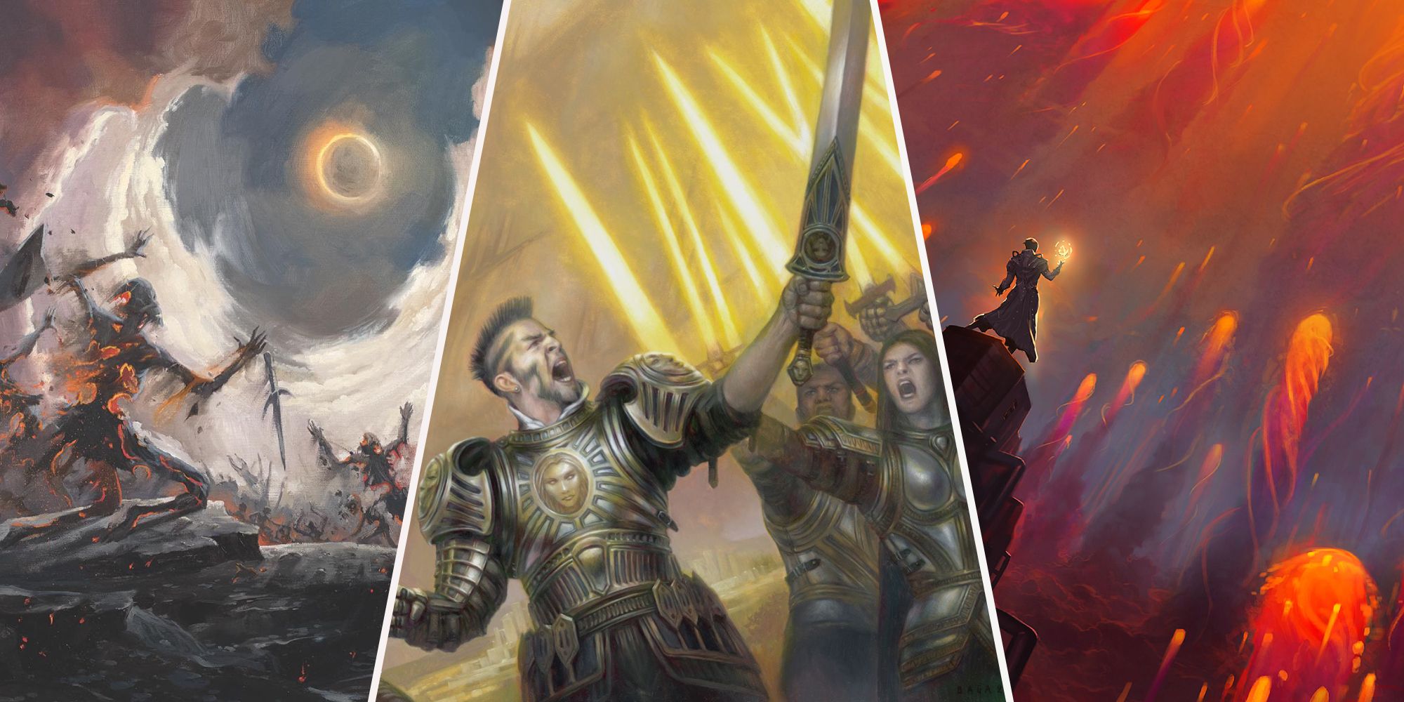 From left to right: Damn by Lucas Graciano, Stirring Address by Volkan Baǵa, and Mizzium's Mortars by Noah Bradley
