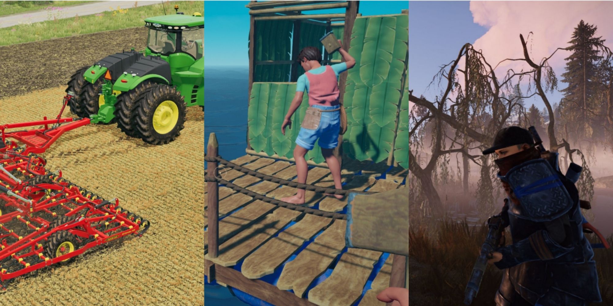 A tractor harvesting a field, a person building a raft, and a person holding a gun