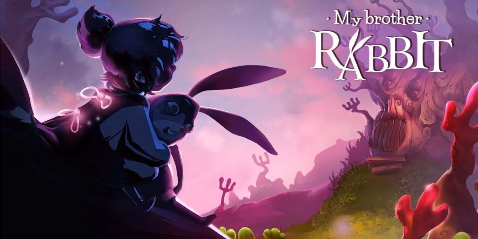 My Brother Rabbit Cover Image Girl Hugs Stuffed Rabbit In front of fantasy forest scene