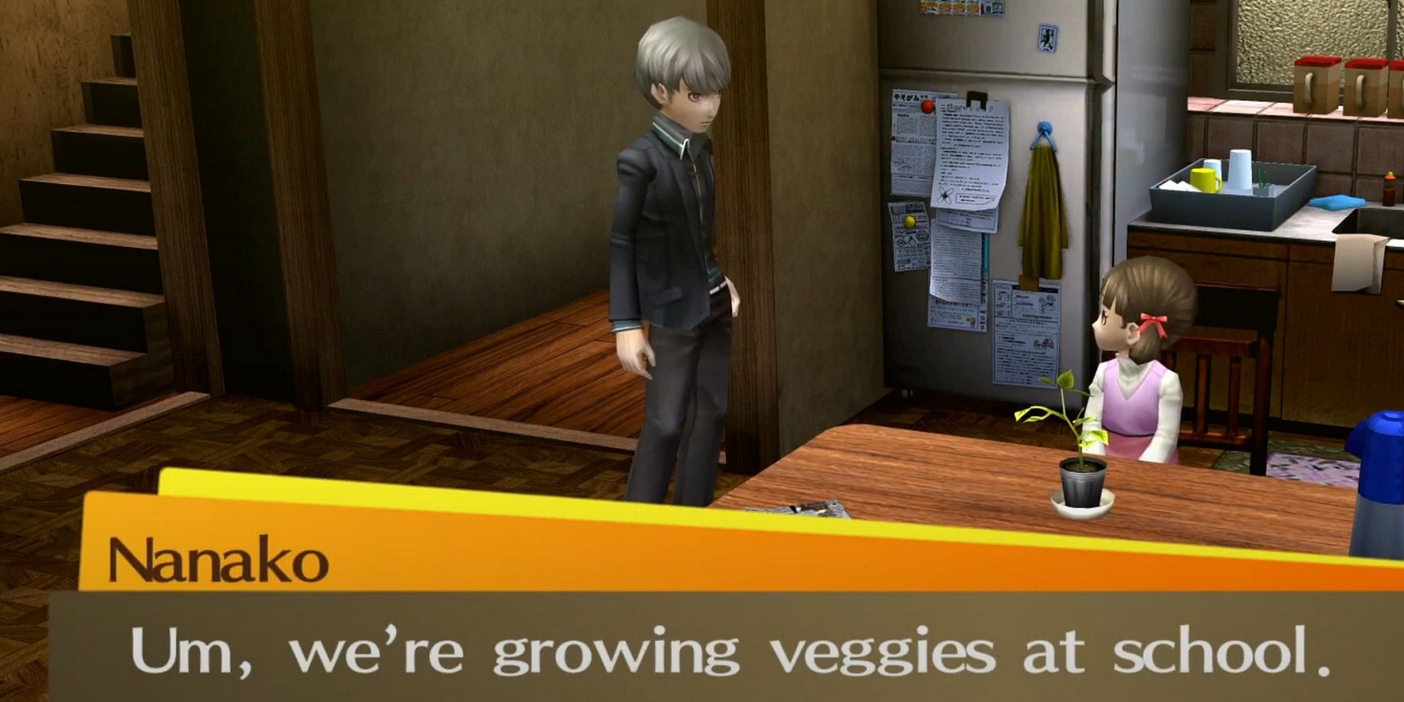 Nanako telling Yu about growing vegetables at school in Persona 4 Golden
