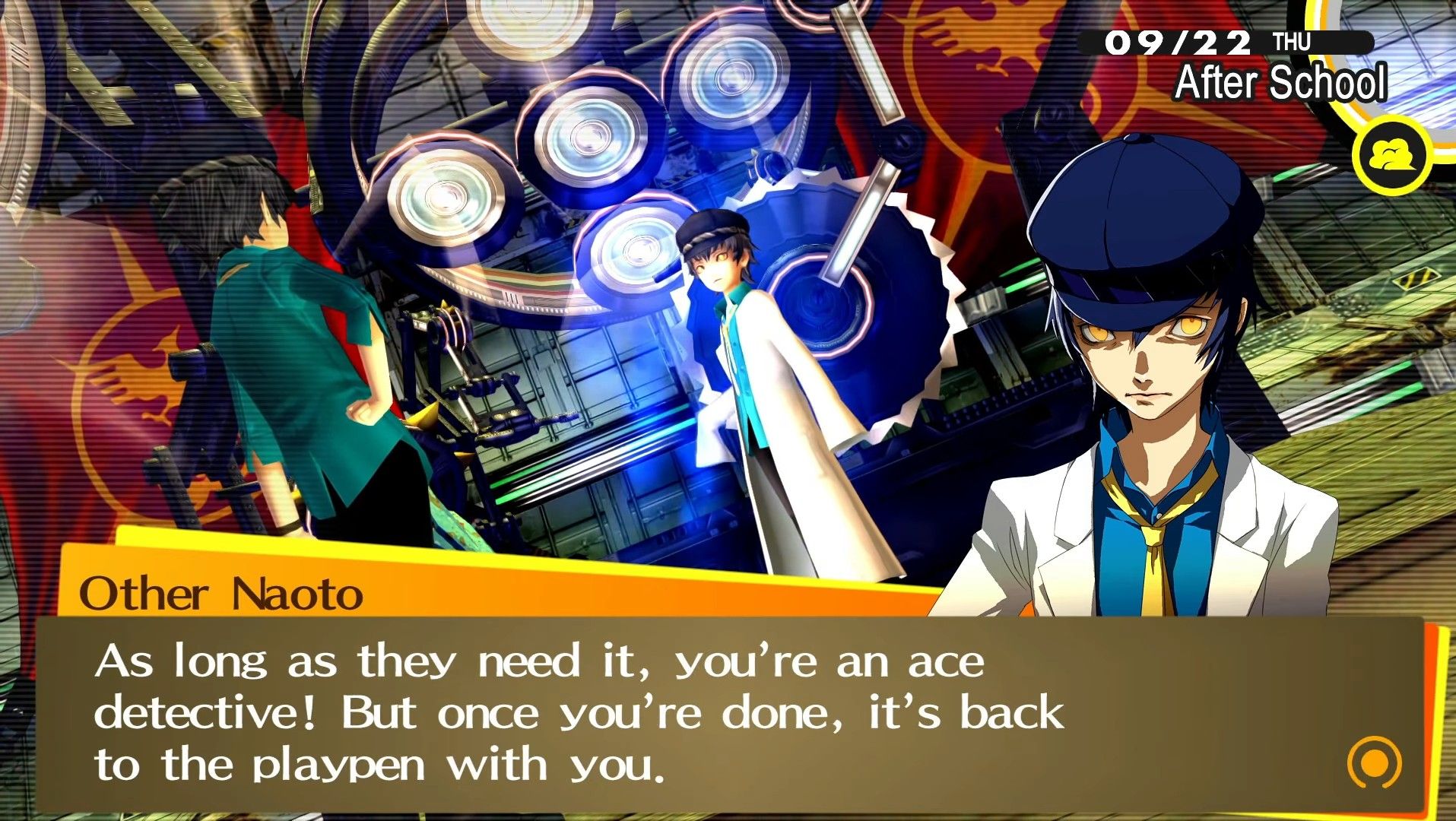 naoto confronting her shadow in the boss fight on b9f of the secret lab in persona 4 golden