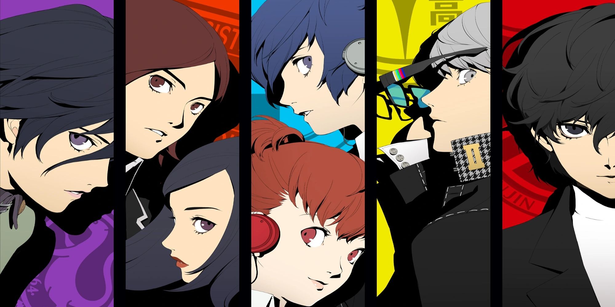 Naoya, Tatsuya, Mayu, Persona 3 male and female protagonists, Persona 4 male protagonist, and Joker separated into colored columns looking at the camera