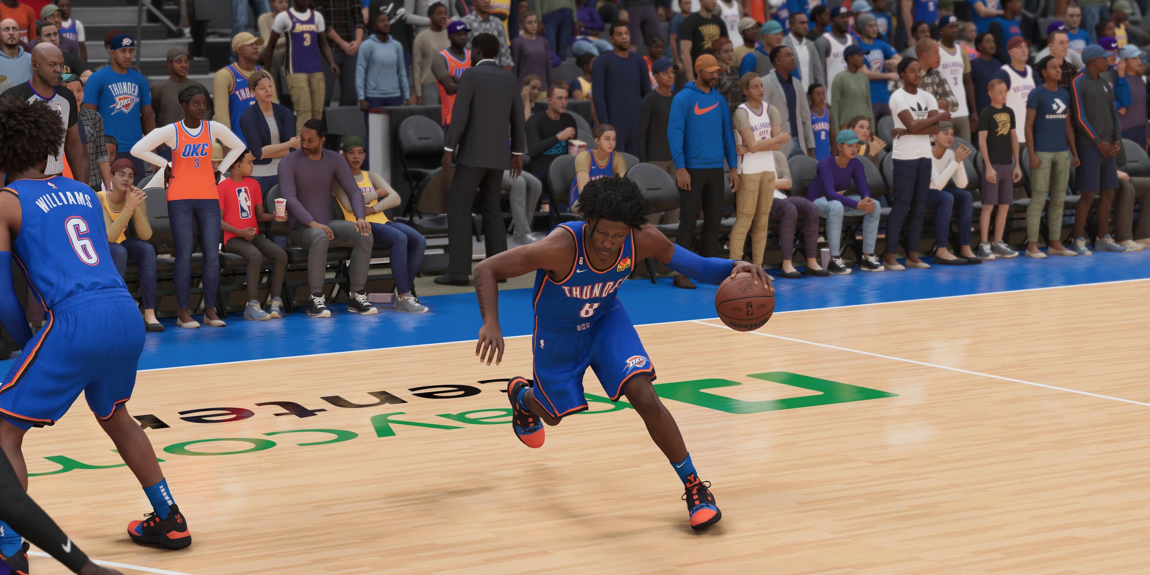 jalen williams dribbling at the top of the key in nba 2k23