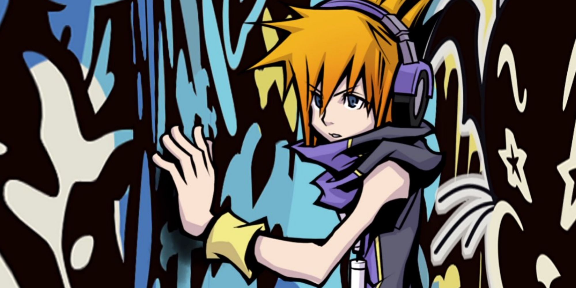 Neku with his hand on CAT wall art in The World Ends With You
