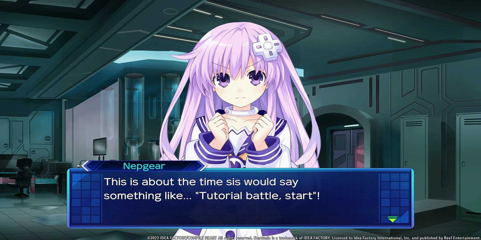 Nepgear speaks in Neptunia Sisters vs Sisters.