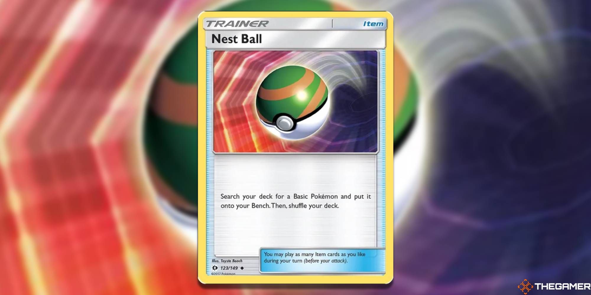 Nest Ball from the Pokemon TCG, with blurred background