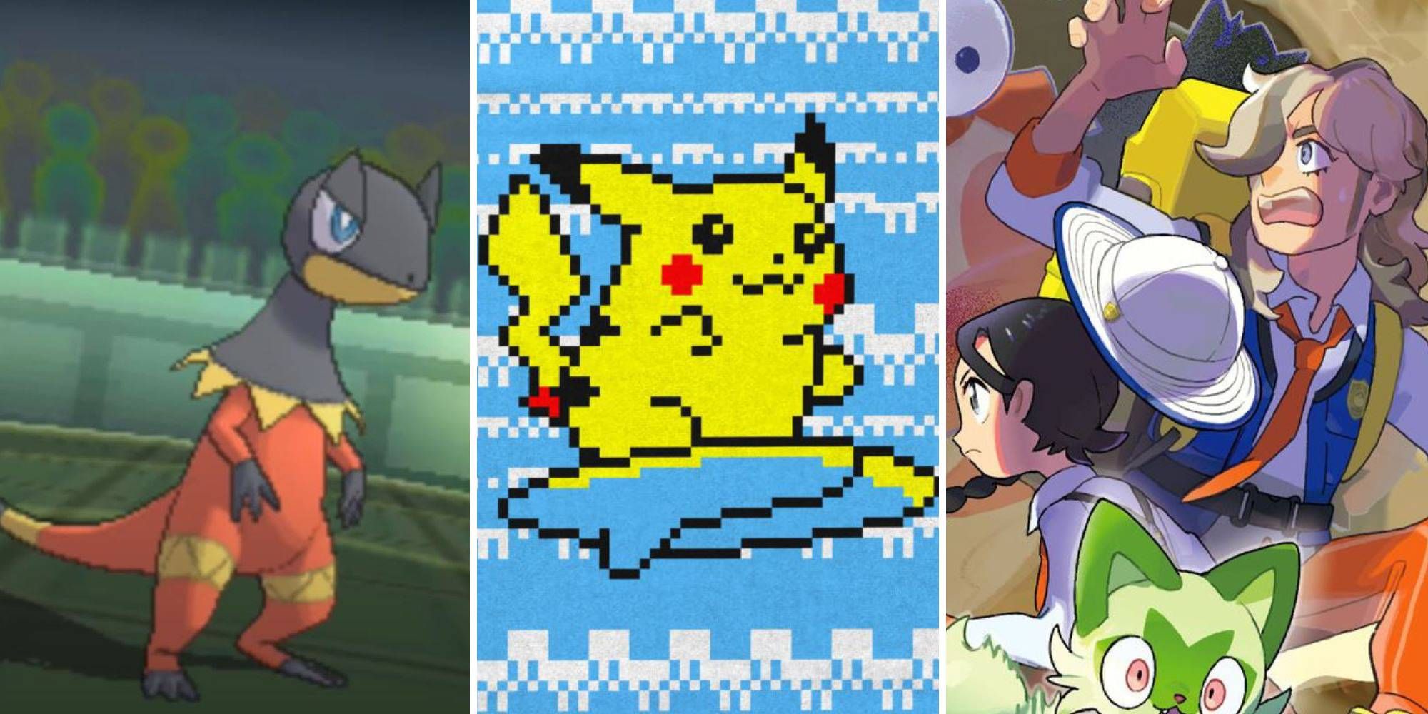 Split image showing Pikachu on a surfboard, the Scarlet & Violet team confronting a Klawf, and a Shiny Heliolisk in battle