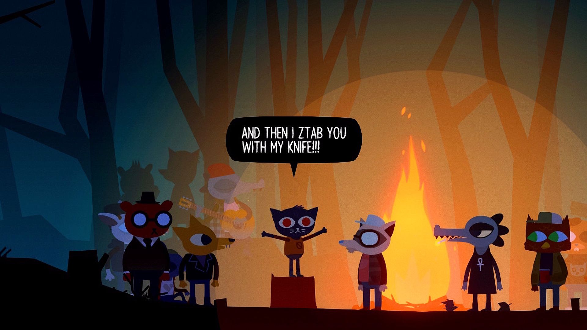 A drunk Mae making a speech at the bonfire party in Night in the Woods