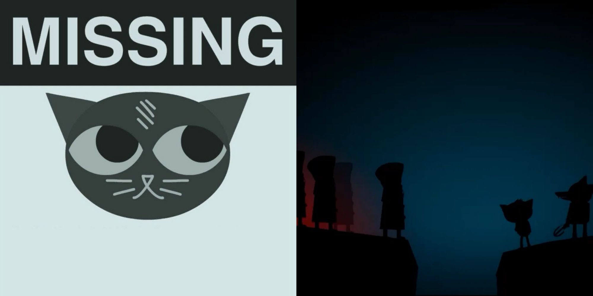 Split image screenshots of Casey's missing poster and the cult in Night in the Woods.