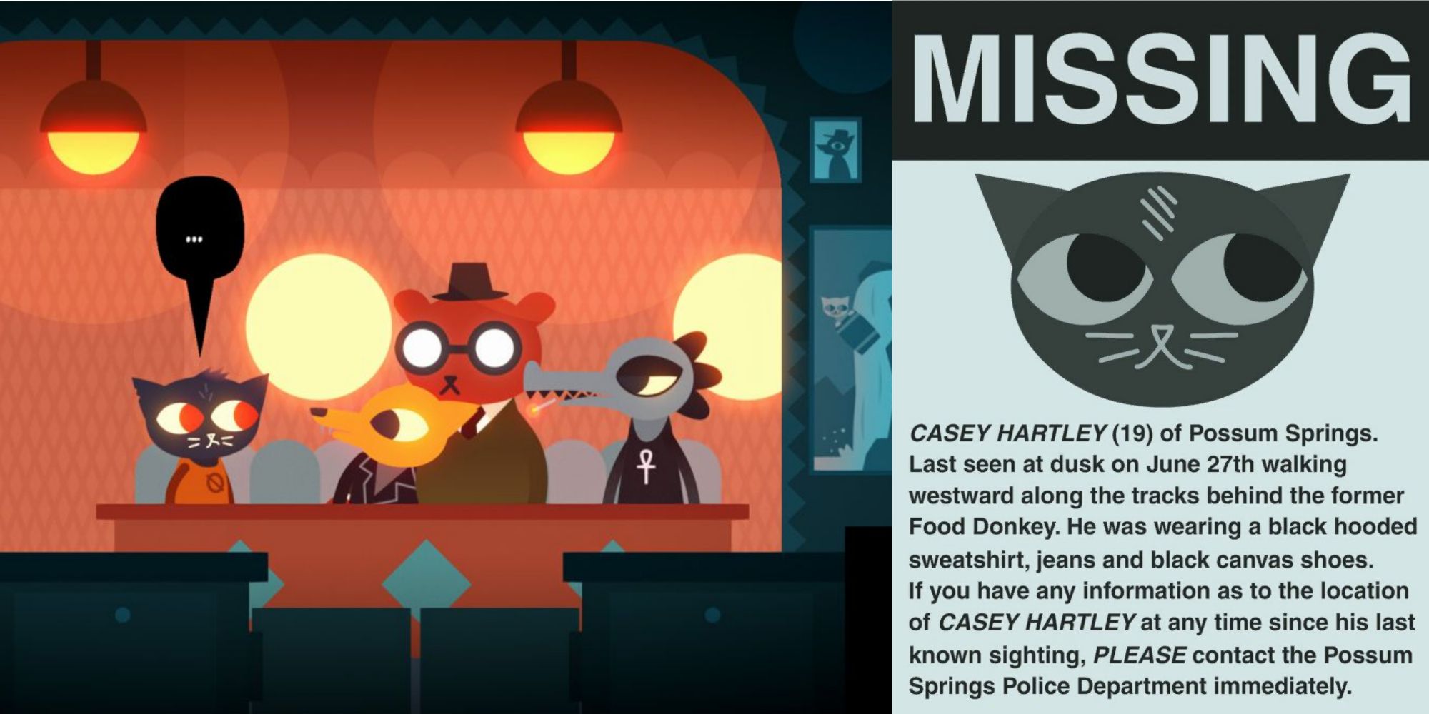 Split image screenshots of Mae, Bea, Gregg and Angus, and Casey's missing poster.