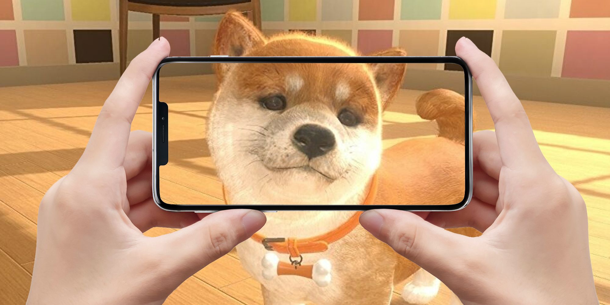 A Nintendog smiling into a transparent phone held horizontally by two hands