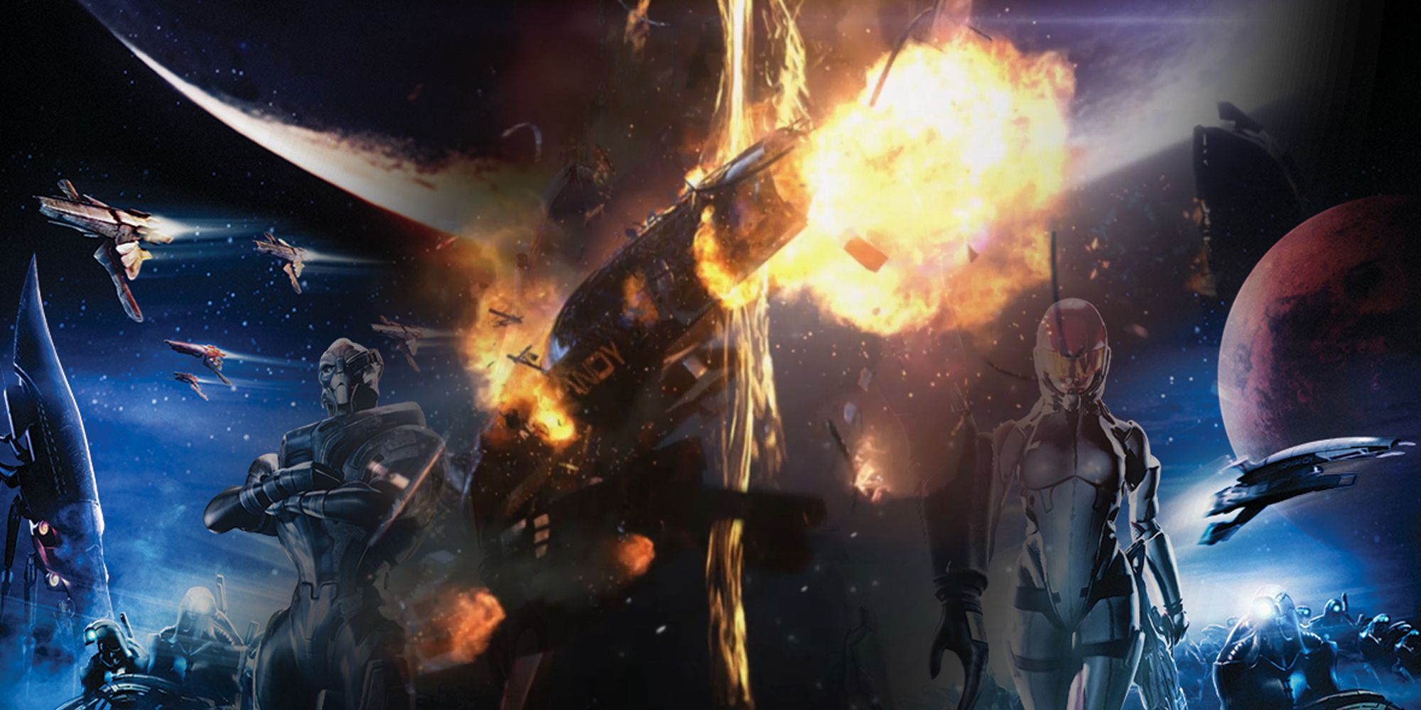 Normandy exploding through Mass Effect 1 cover
