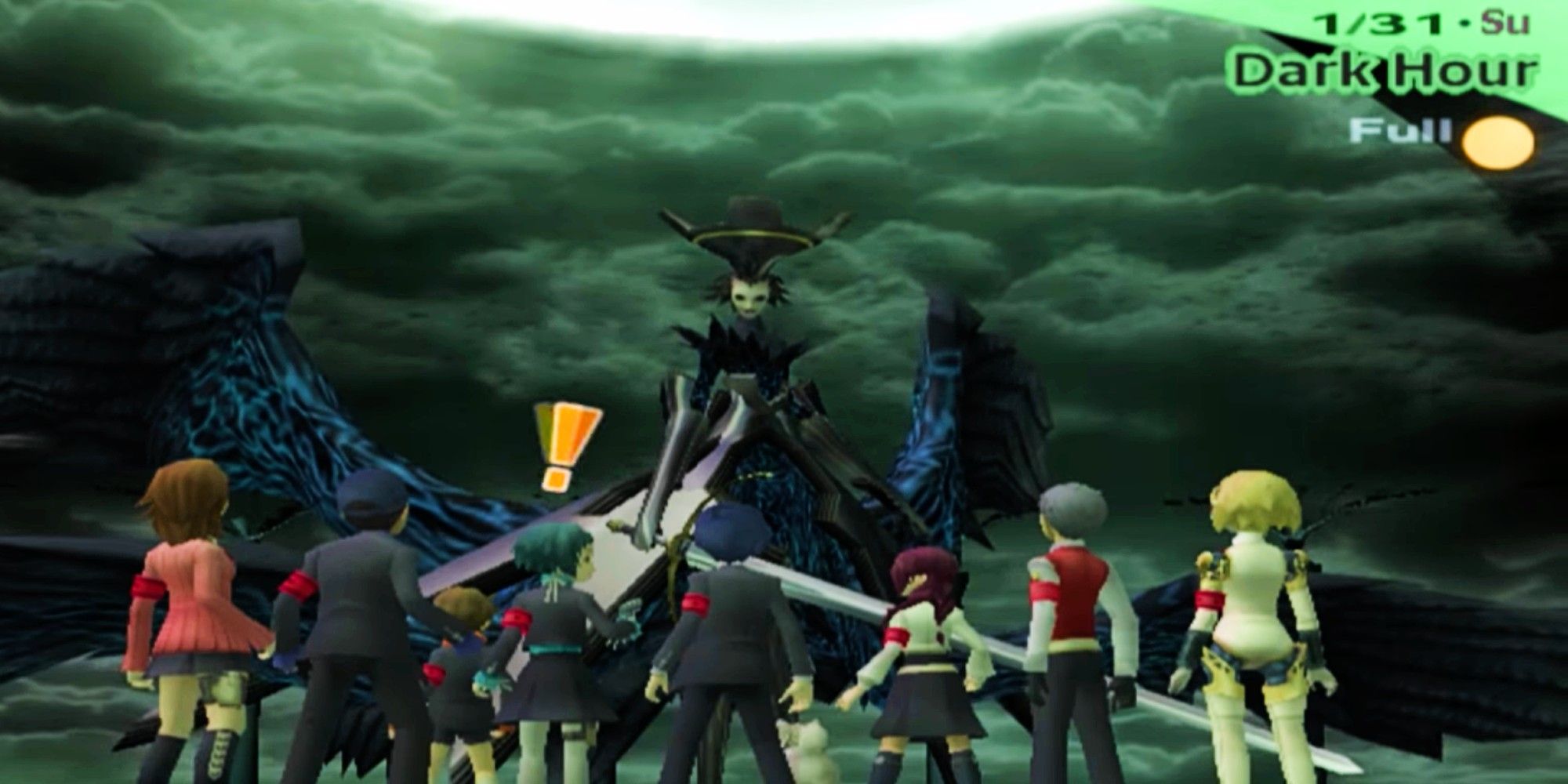Nyx Avatar towers over the party with dark overcase and a brilliant bright moon are overhead- Persona 3