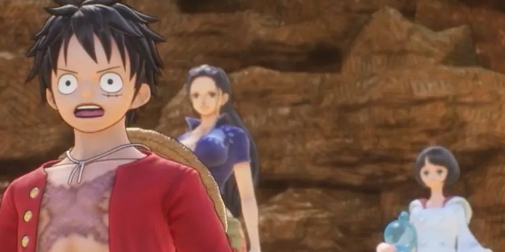Luffy gawks at something off screen in the One Piece Odyssey video game