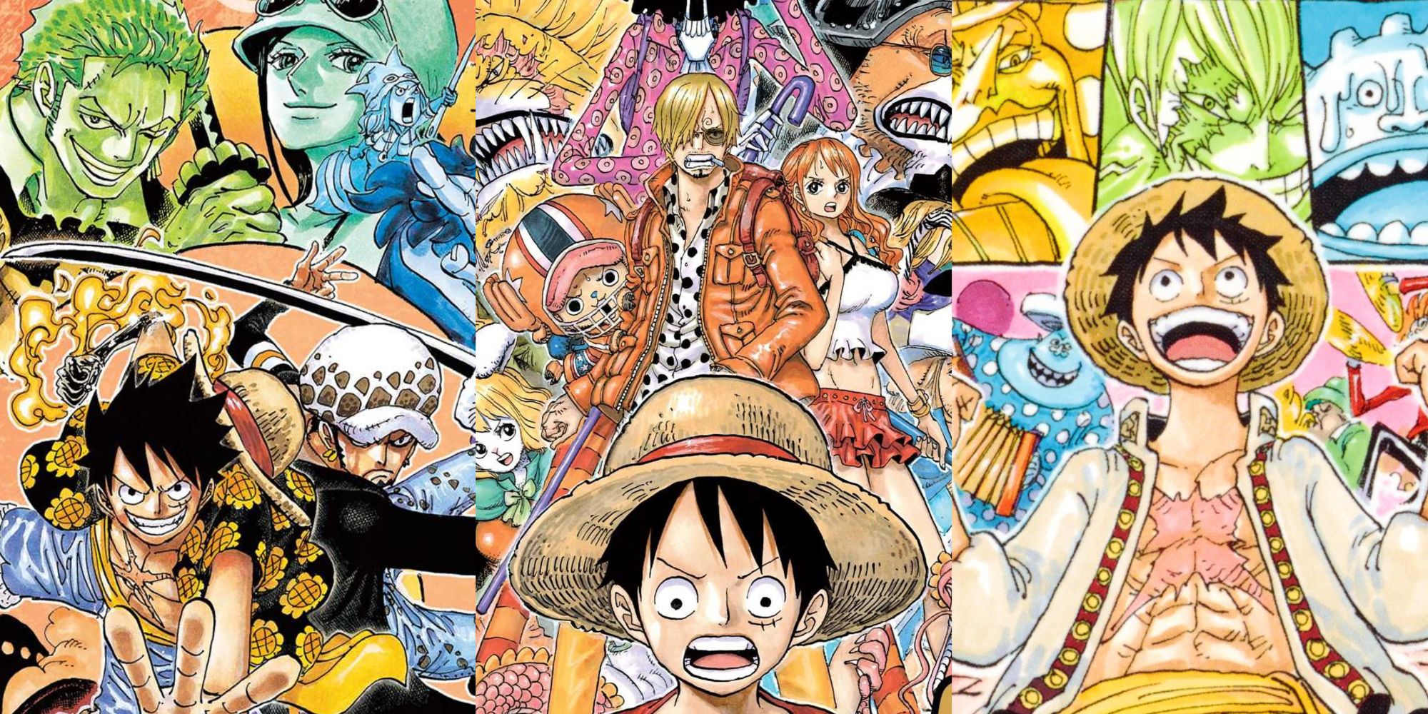 one piece dressrossa, zou, and whole cake island arc manga covers with luffy and other important characters