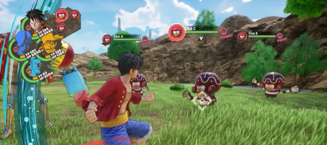 turn-based battle gameplay in one piece odyssey with luffy and eisa enemies