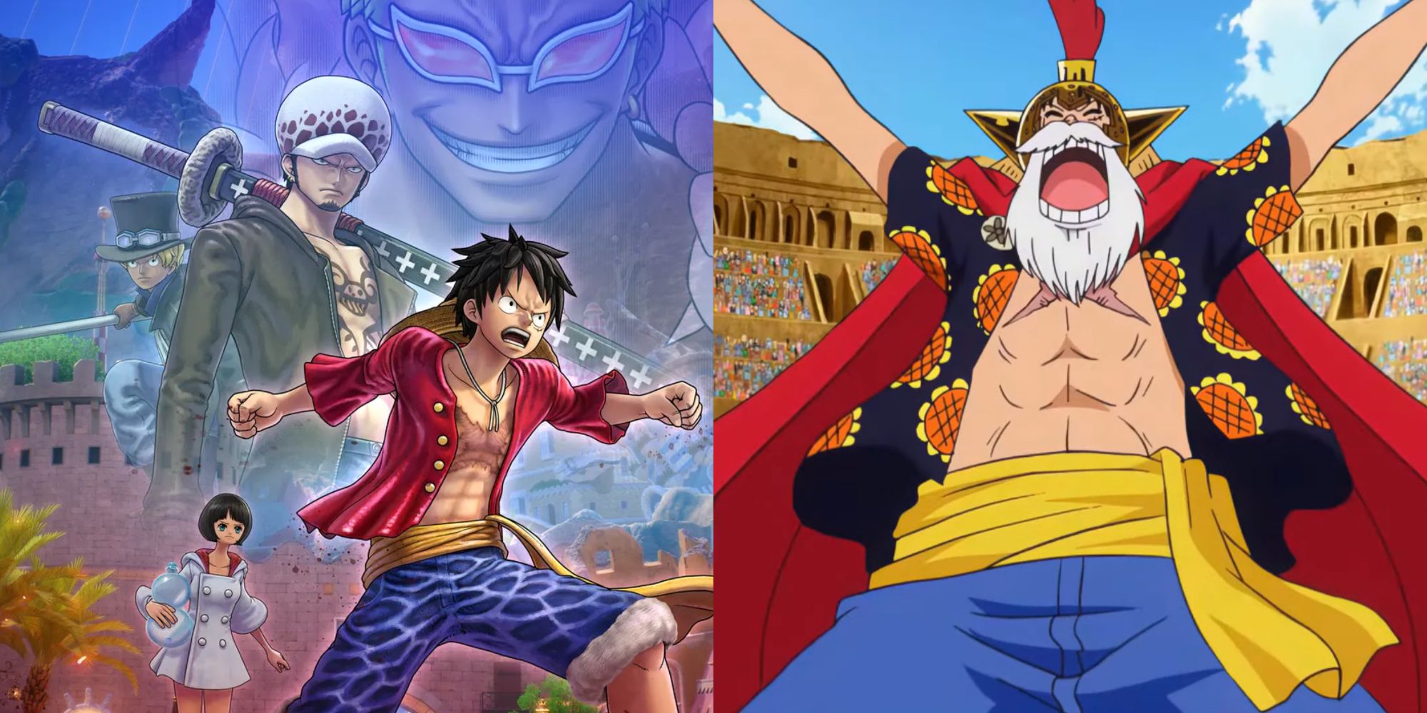 one piece odyssey dressrosa key art with luffy, lim, law, and doflamingo and luffys anime arc outfit