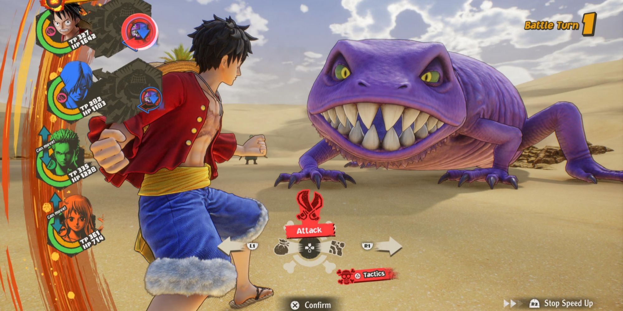 one piece odyssey luffy fighting a sandora dragon in alabasta