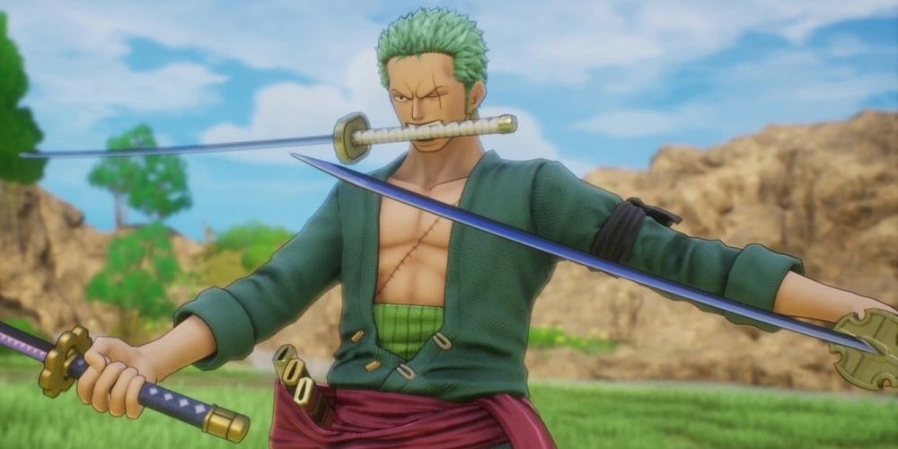 Zoro preparing an attack with 3 swords in One Piece Odyssey the game