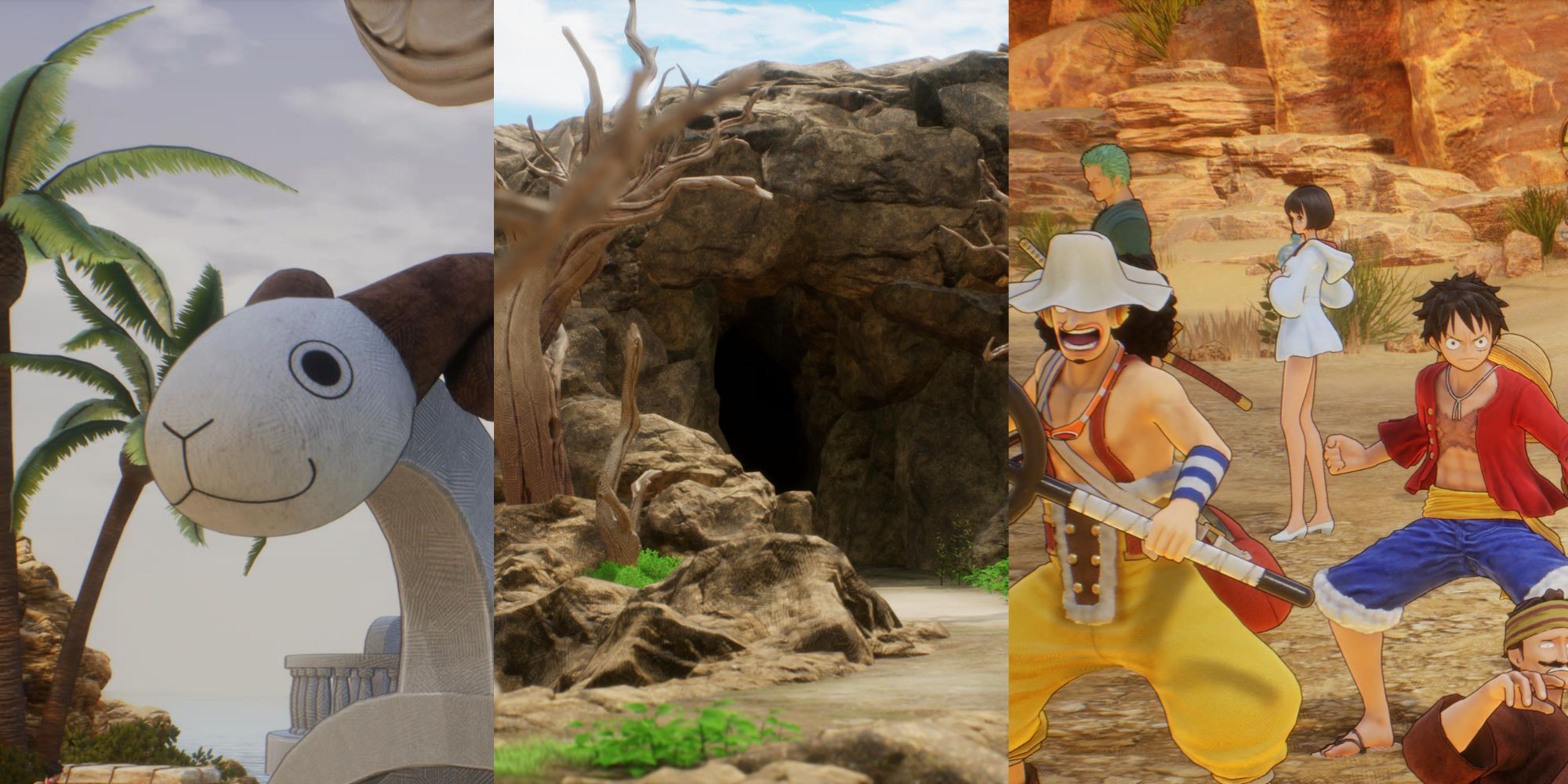 One Piece Odyssey three images including Merry, a cave and the crew together