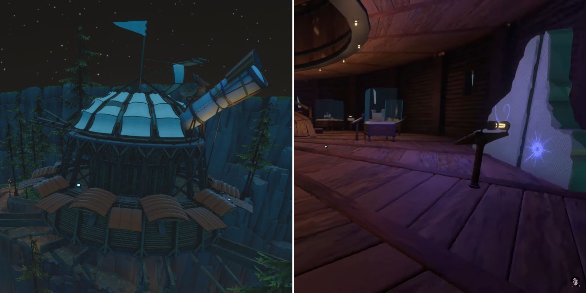 An exterior shot of the Observatory and the Nomai ancient texts in Outer Wilds