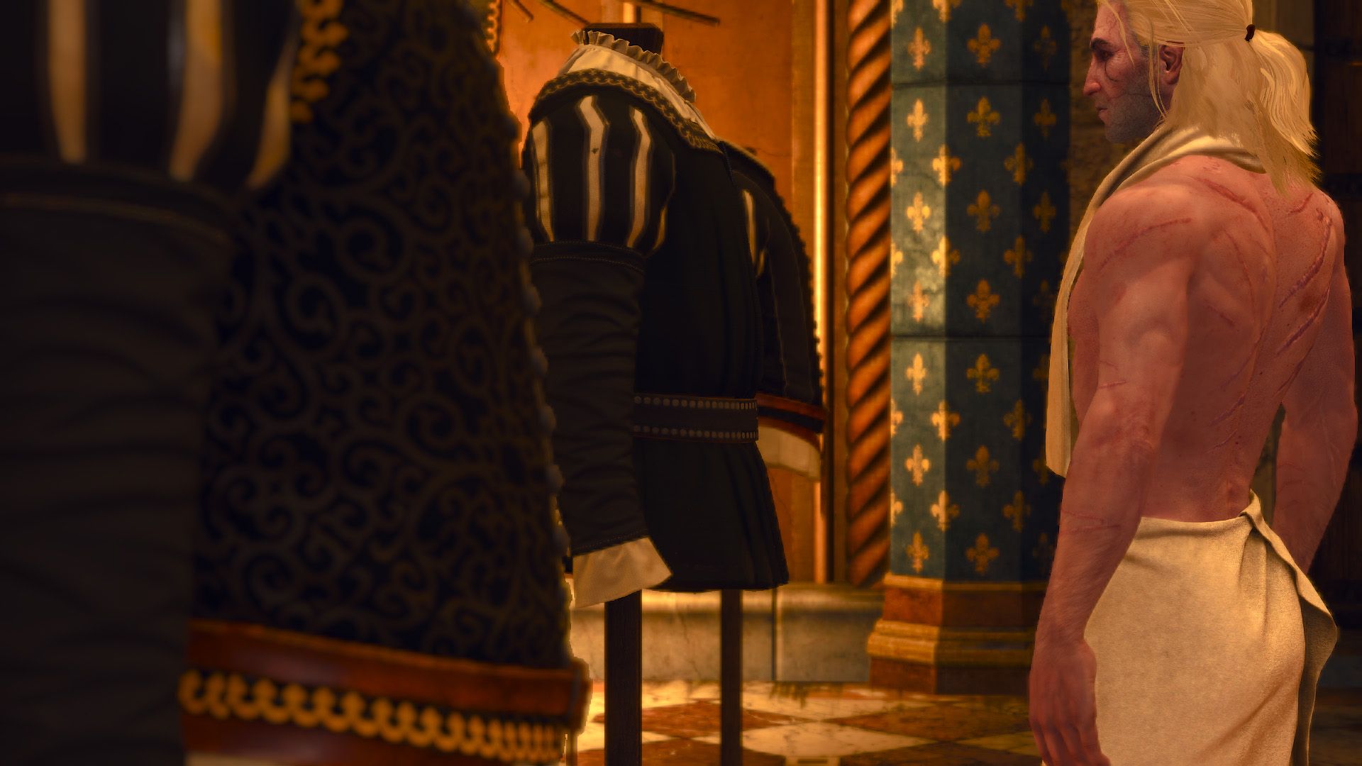 Geralt chooses between three identical looking outfits at a palace.