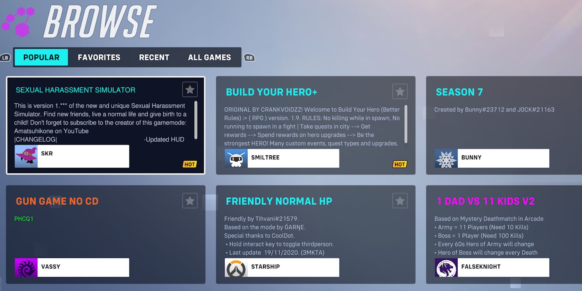 The Overwatch 2 custom game menu, showing that a game called "Sexual Harassment Simulator" is the most popular