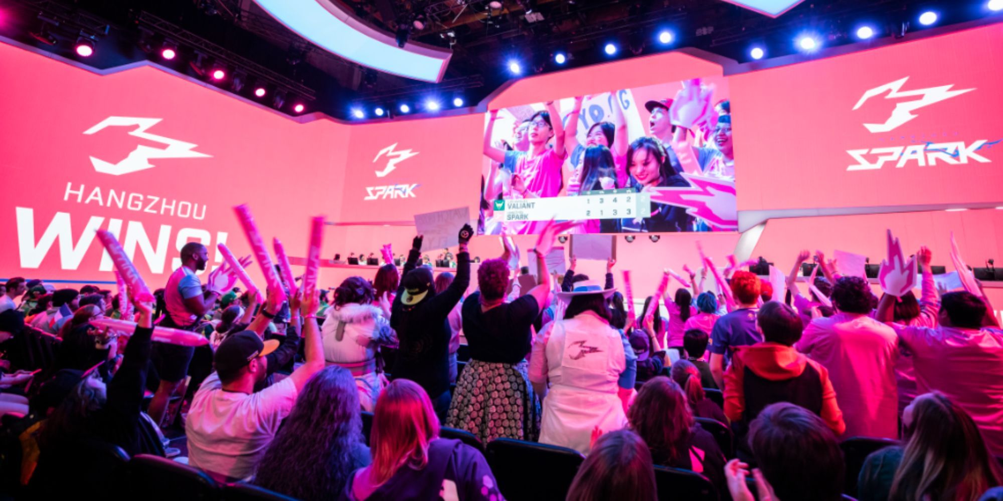 A crowd of supporters watch Hangzhou Spark win an Overwatch League match