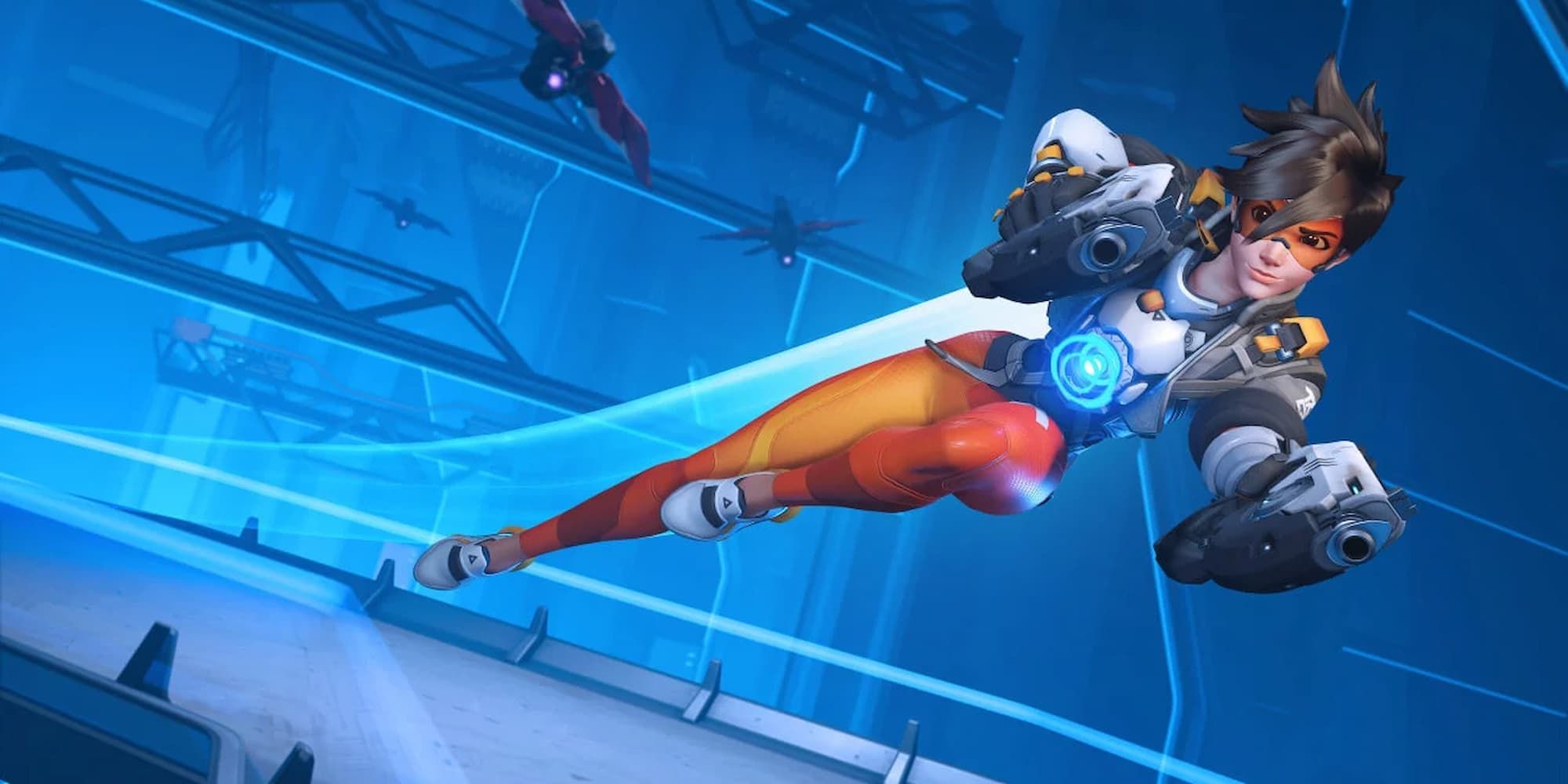 Tracer of Overwatch zooms on a walkway with her pistols at aimed while drones chase her.