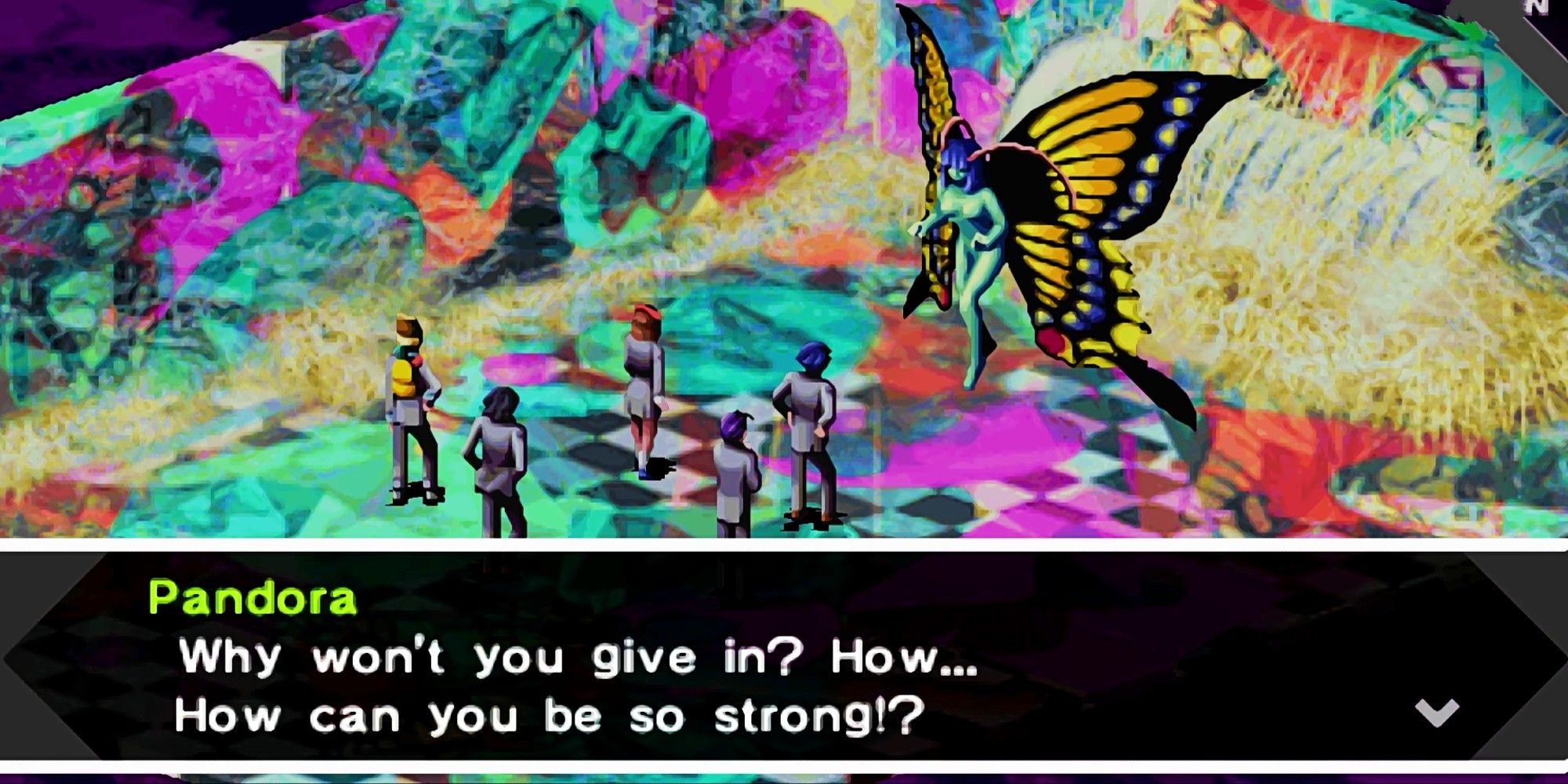 Pandora and party face each other inside of her multicolored room - Persona- Revelations