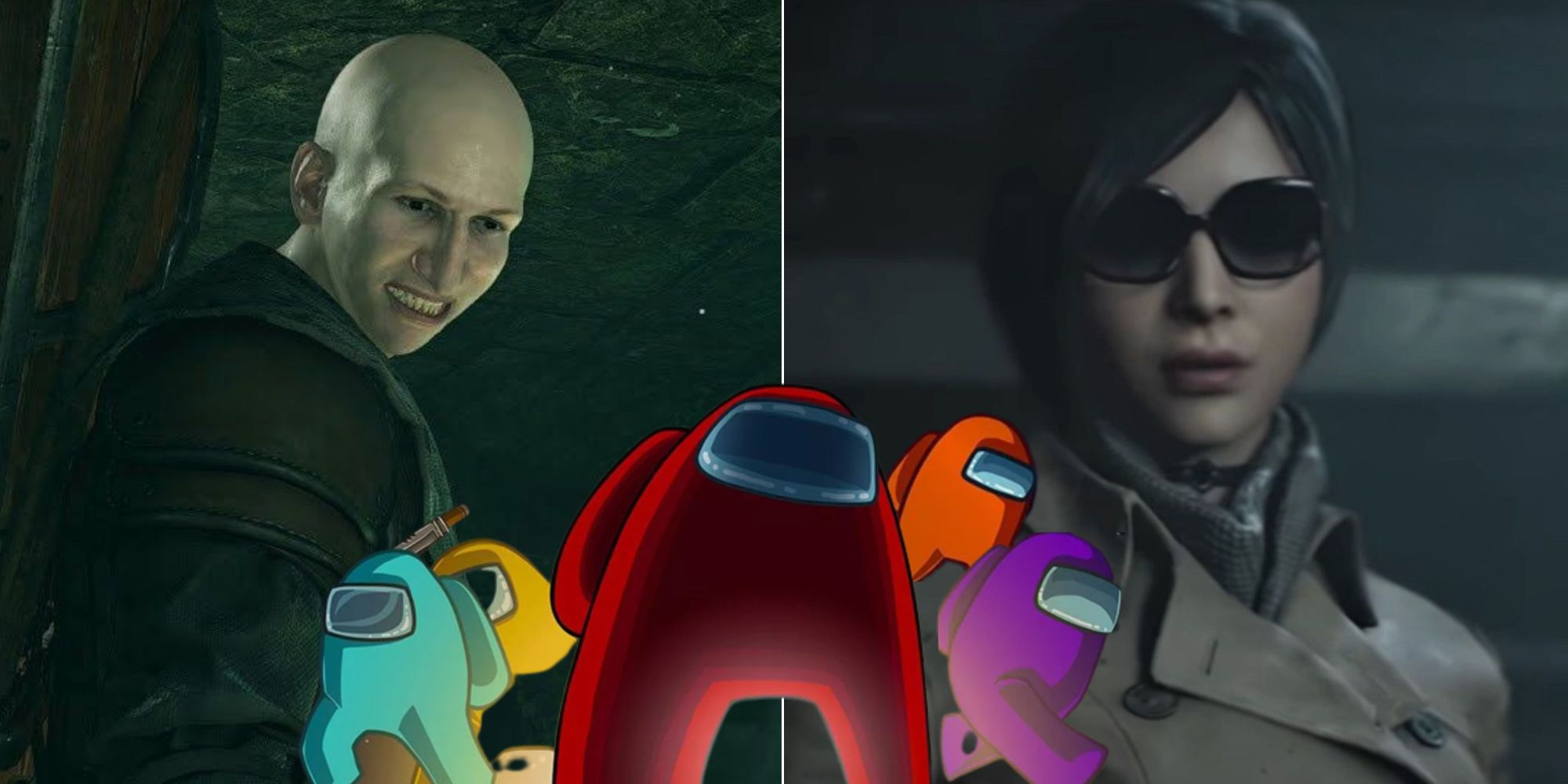 Patches from Demon Souls looking down (left), Among Us Characters (Center), and Ada Wong from Resident Evil wearing a sunglasses