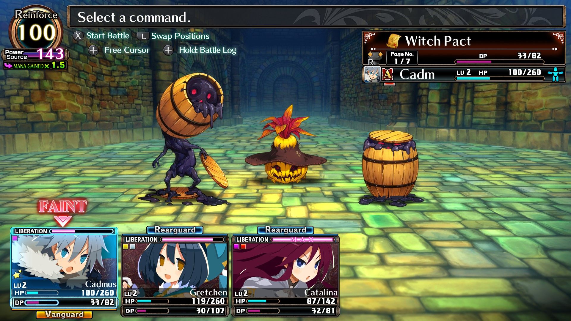The player enters combat and notices that one monster prepares an attack while one defends in Labyrinth Of Galleria: The Moon Society.